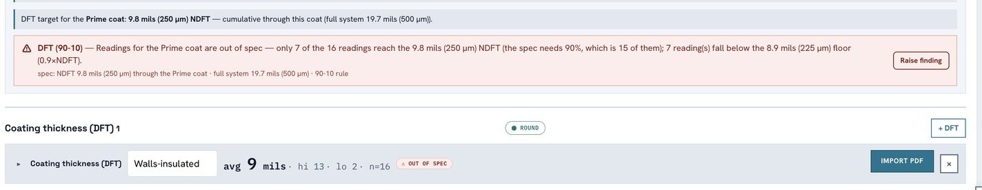 LogiInspect AI production screenshot — DFT readings flagged out of spec against the SSPC-PA 2 90-10 rule in real time
