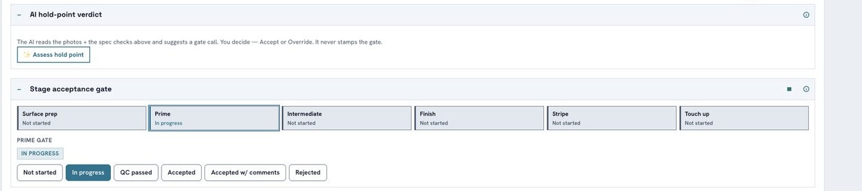 LogiInspect AI production screenshot — six-stage coating gates with QC acceptance and draw-to-sign signature