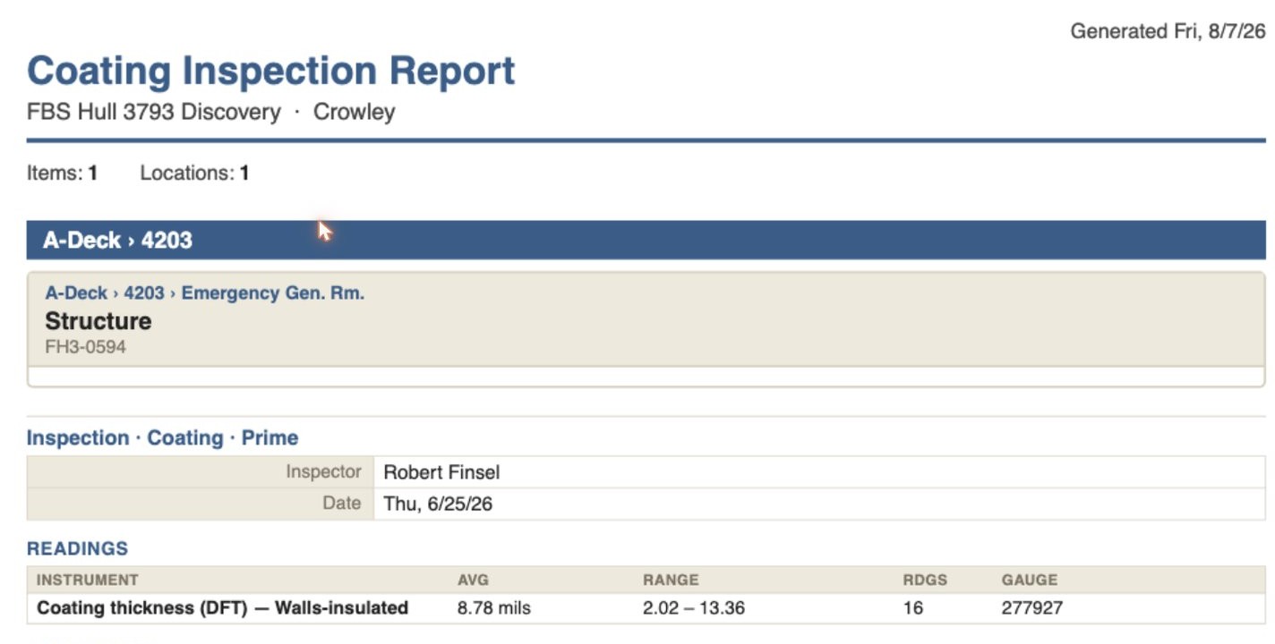 LogiInspect AI generated coating inspection report — DFT table with average, range, reading count and gauge serial